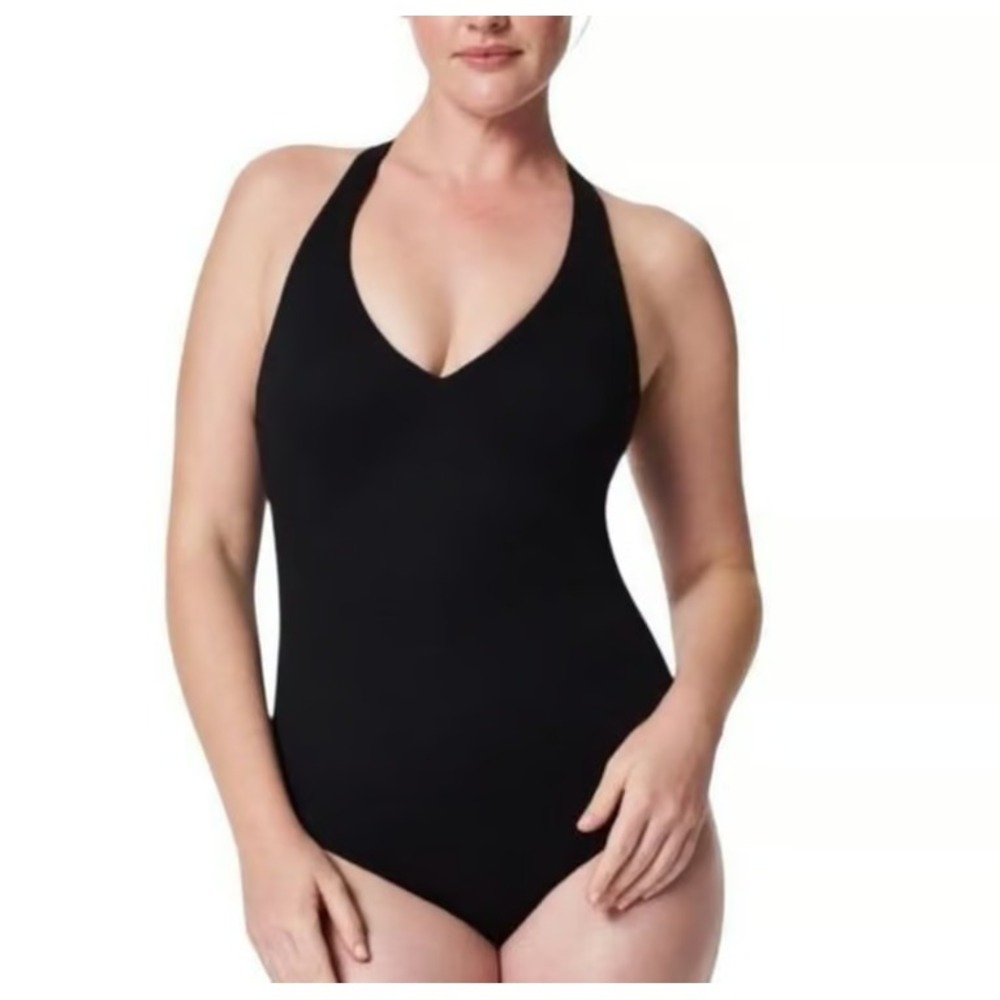 Spanx Pique‎ Shaping Halter One-Piece Swimsuit Very Black XL